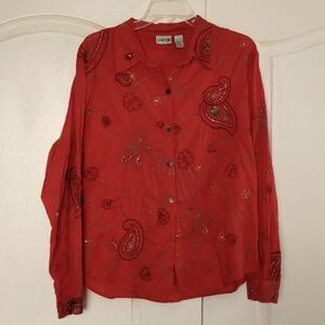 Chico's Button Up Blouse Orange Large 12 Long Sleeve Beaded Paisley